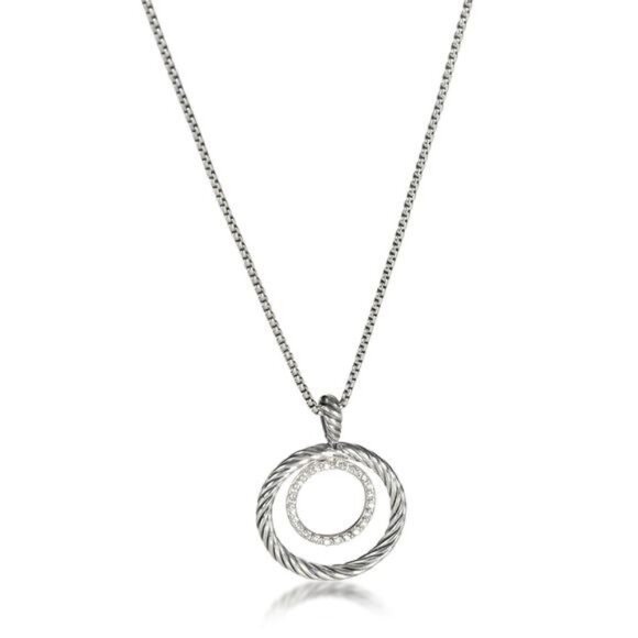 David Yurman Sterling Silver Cable Circle Pendant Necklace With Diamonds 16"-17" - Picture 4 of 9